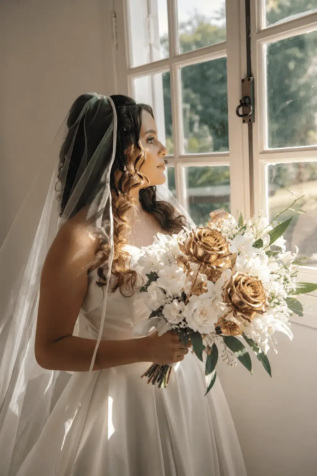 Bride in profile by a window holding a bouquet of gold dipped roses, a gold rose dome gift idea for Monaco, Monaco